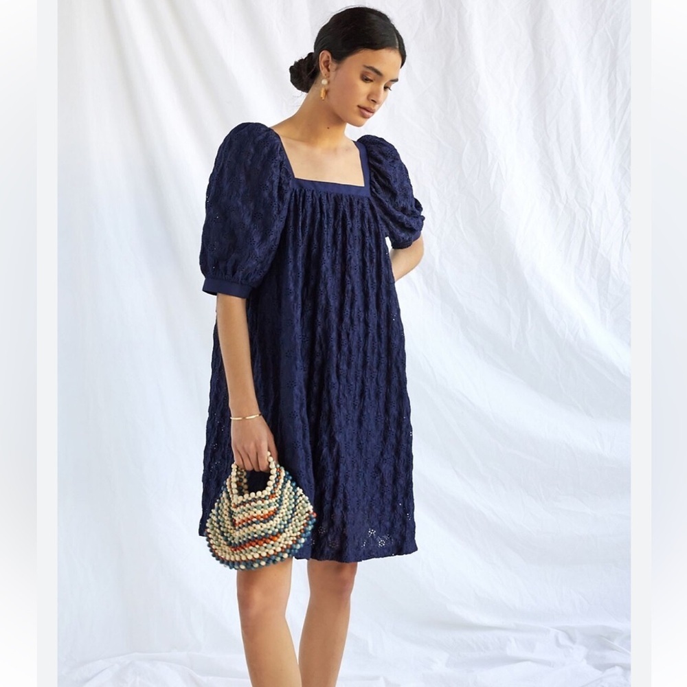 Anthropologie Maeve Navy Blue Eyelet Puff Sleeve Babydoll Mini Dress XSP